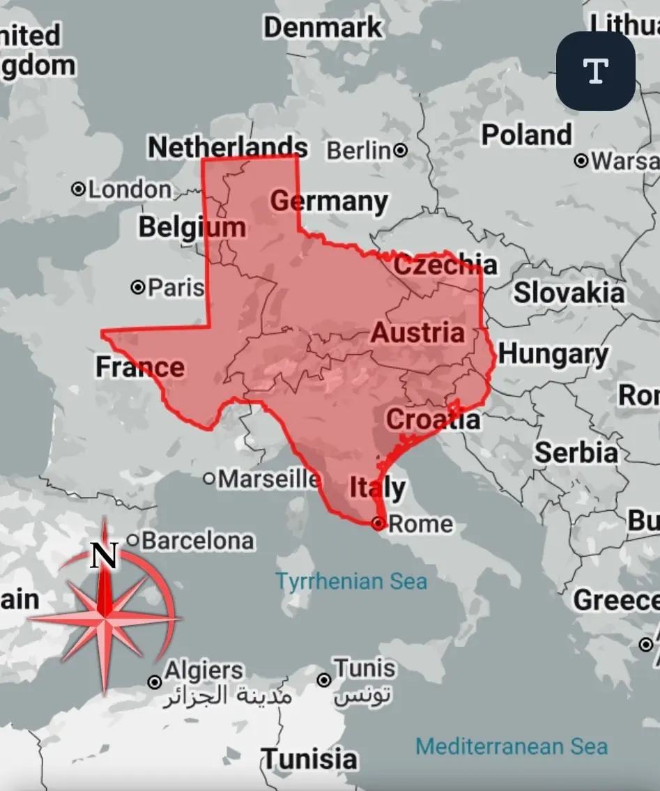 Una mappa che sovrappone il Texas all'Europa, per farne capire le dimensioni
